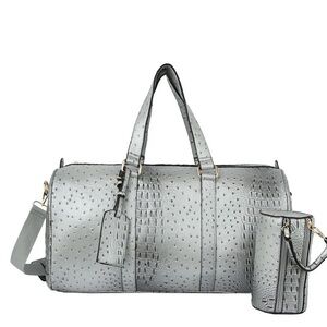Silver Faux Ostrich Croc Leather Duffel Bag